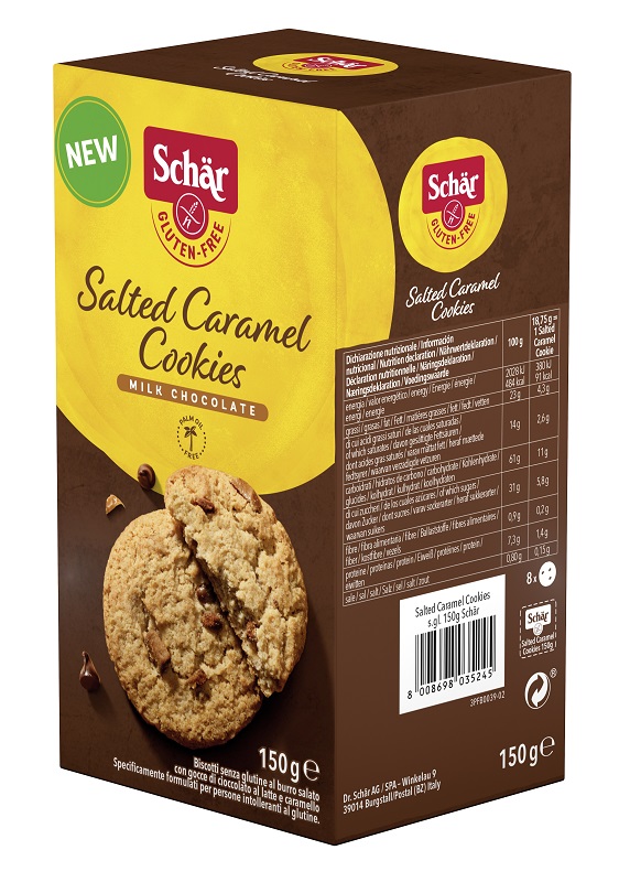 SCHAR SALTED CARAMEL COOKIES CON GOCCE DI CIOCCOLATO AL LATTE E CARAMELLO 150 G - Farmapanda Srl