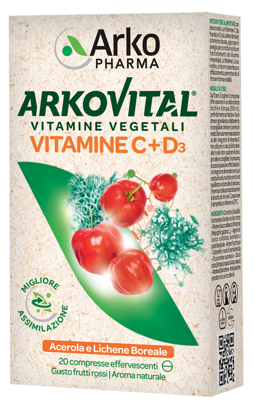 ARKOVITAL VITAMINE C+D3 20 COMPRESSE EFFERVESCENTI GUSTO FRUTTI ROSSI - Farmapanda Srl