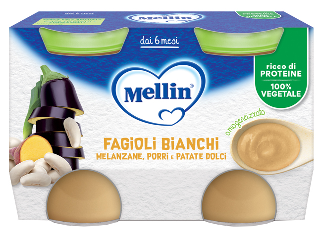 MELLIN OMOGENEIZZATO FAGIOLI BIANCHI E MELANZANE 2 PEZZI DA 130 G - Farmapanda Srl