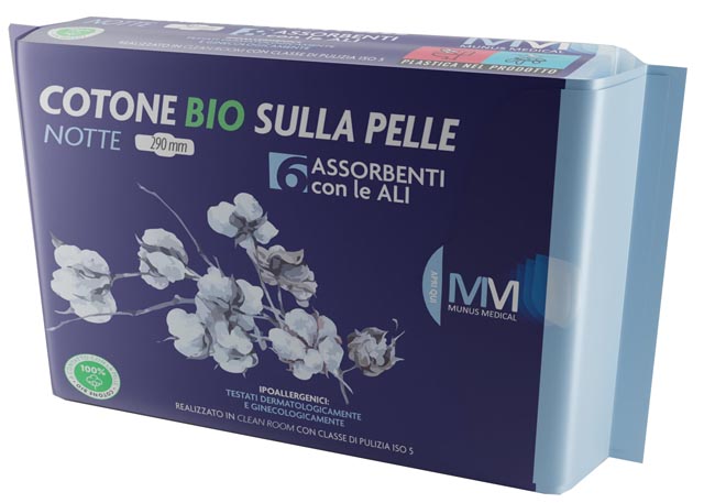 MUNUS MEDICAL ASSORBENTE NOTTE CON ALI COTONE BIO SULLA PELLE 290 MM 6 PEZZI - Farmapanda Srl