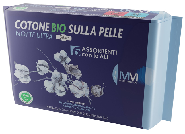 MUNUS MEDICAL ASSORBENTE NOTTE ULTRA CON ALI COTONE BIO SULLA PELLE 320 MM 6 PEZZI - Farmapanda Srl