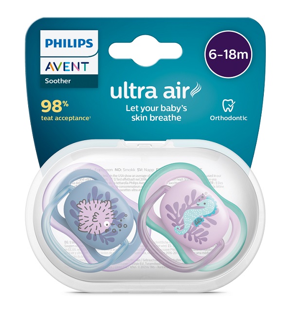 AVENT ULTRA AIR CIUCCIO ORTODONTICO 6-18 MESI PESCE PALLA/CAVALLUCCIO MARINO 2 PEZZI - Farmapanda Srl