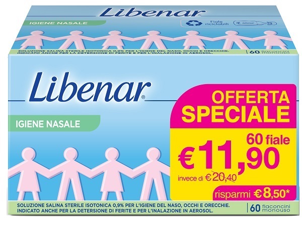 SOLUZIONE SALINA ISOTONICA 0,9% LIBENAR PER IGIENE NASALE 60 FLACONCINI MONOUSO X 5 ML - Farmapanda Srl