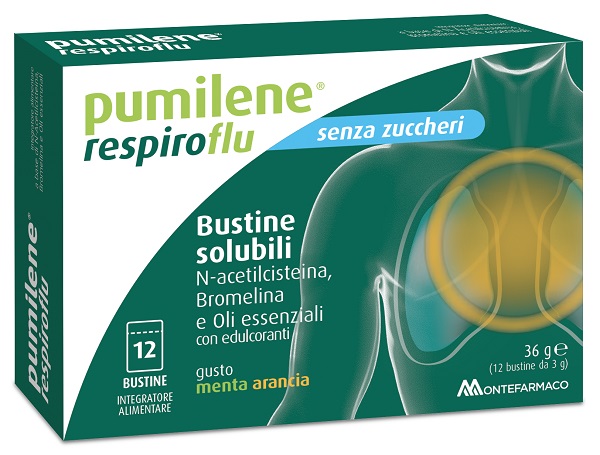 PUMILENE RESPIROFLU SENZA ZUCCHERO 12 BUSTINE GUSTO MENTA ARANCIA 36 G - Farmapanda Srl